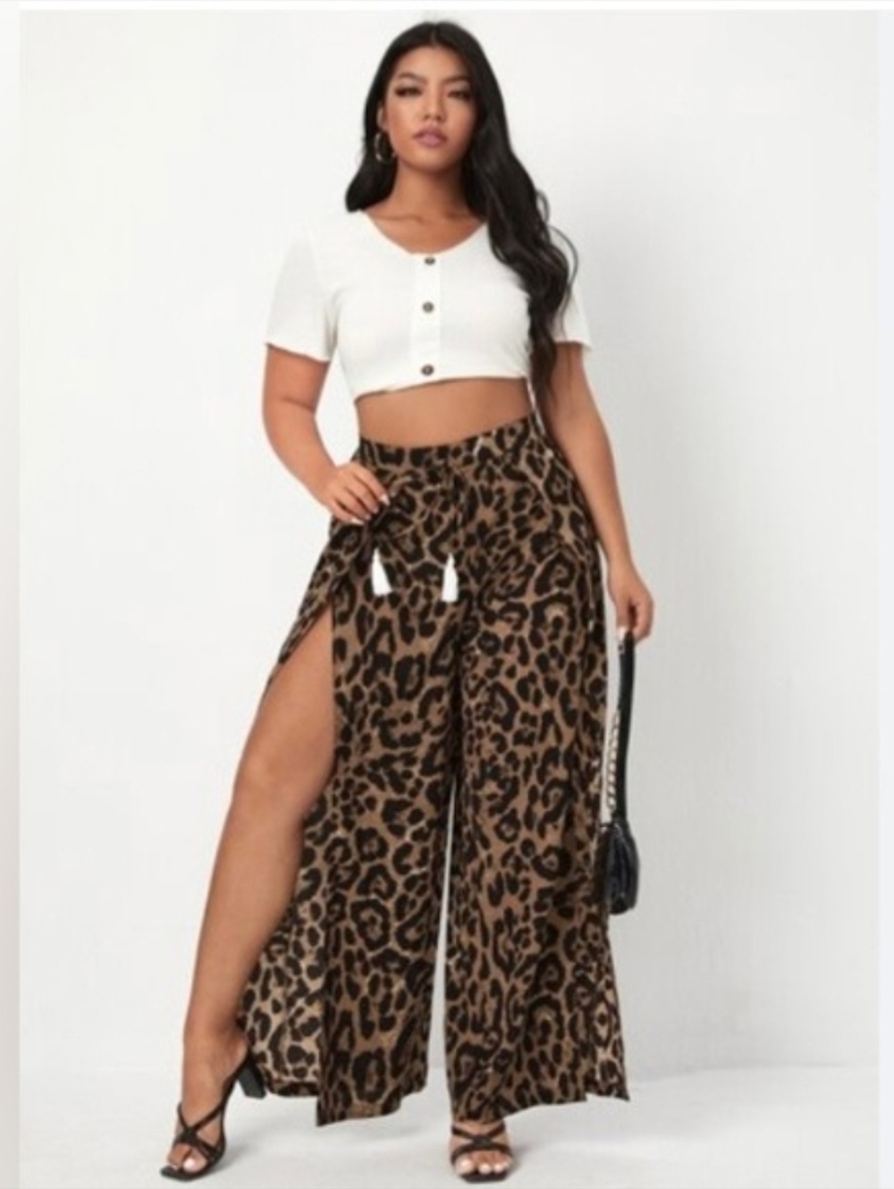 Leopard Print Sheer Wide-Leg Split Sides Pants - Tan & Black Size 0XL